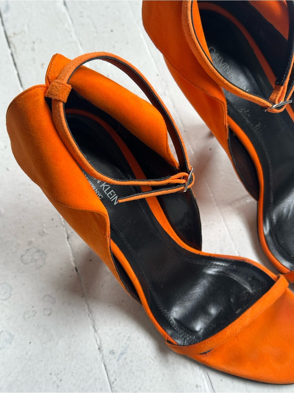 Raf Simons Calvin Klein Orange Suede Stiletto Ankle-Strap Sandals